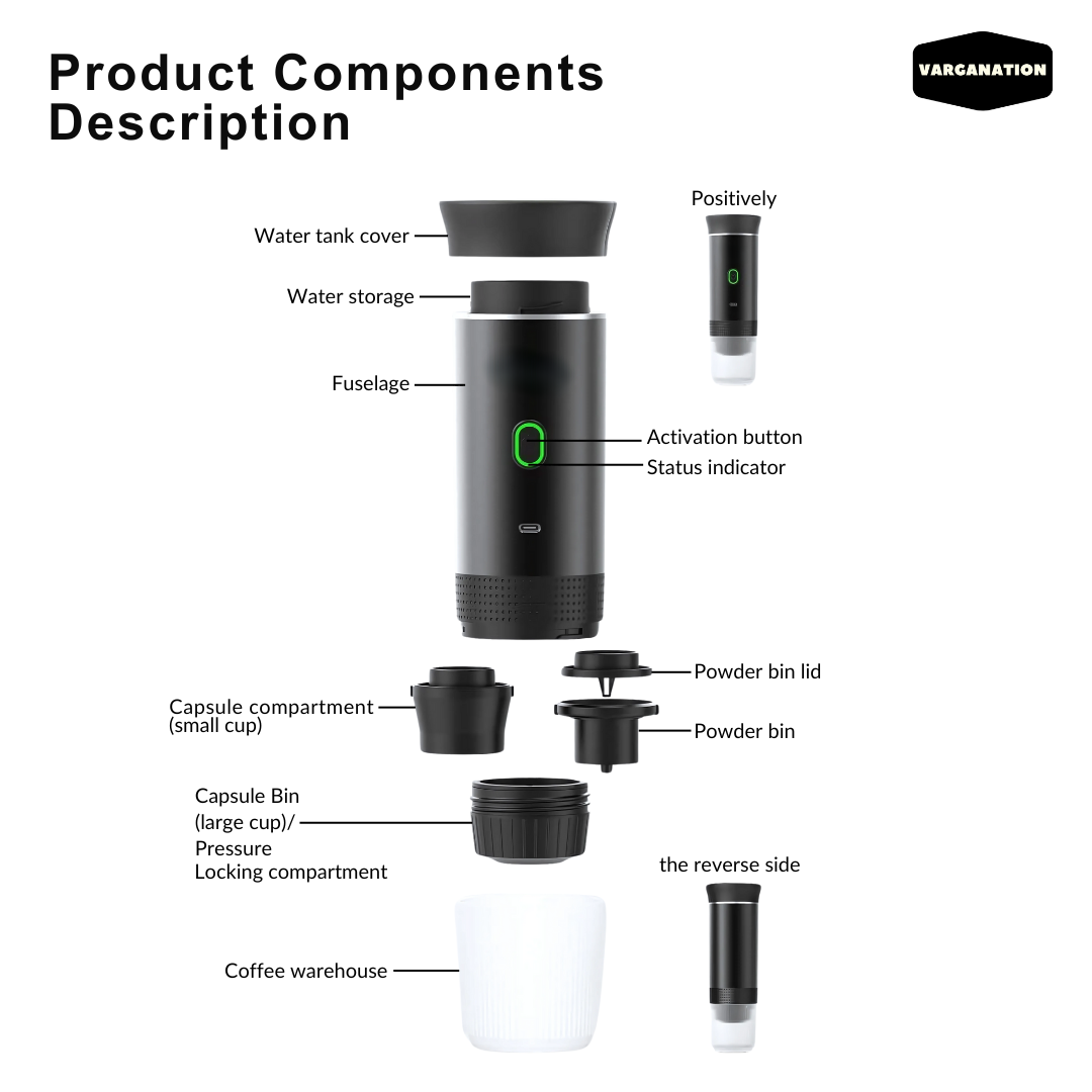 
                  
                    Black Portable Espresso Maker Coffee Machine Rechargeable Automatic Extraction Ground Capsule - Water Heater - For Travel
                  
                