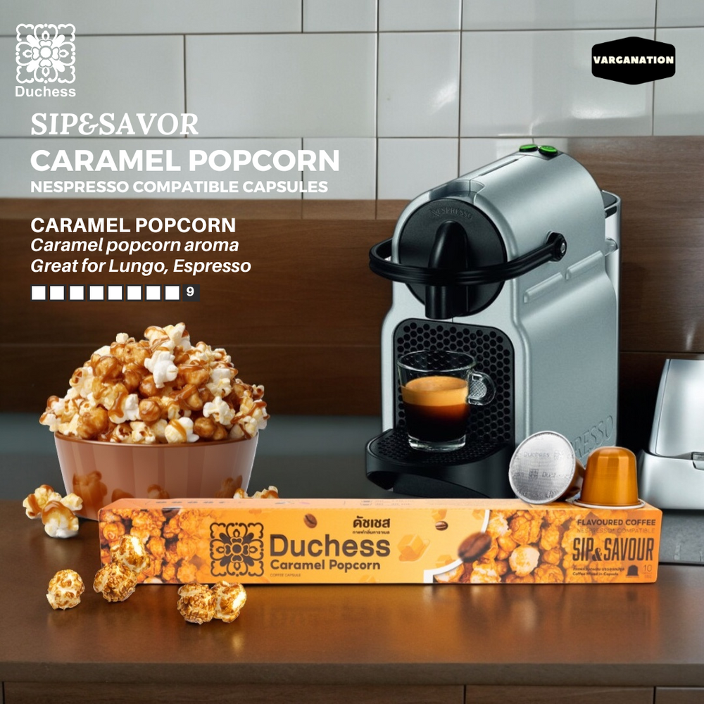 
                  
                    Duchess Nespresso Compatible Coffee Capsules – Caramel Popcorn Aroma – 10 Aluminum Pods per Box
                  
                