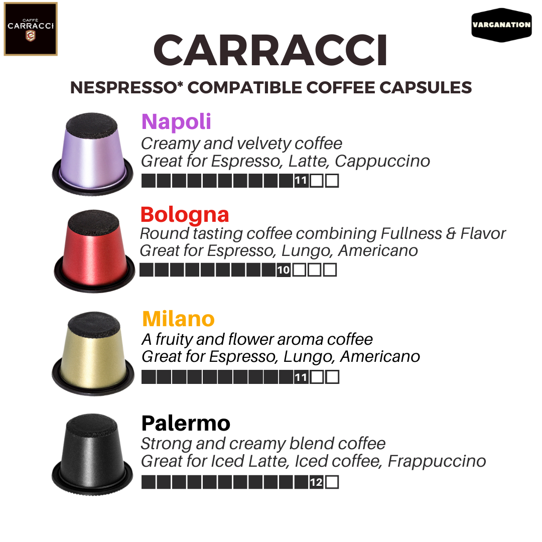 
                  
                    Carracci Nespresso 10 Capsule Milano | Compatible Coffee Capsules Pods for Espresso | Varganation
                  
                