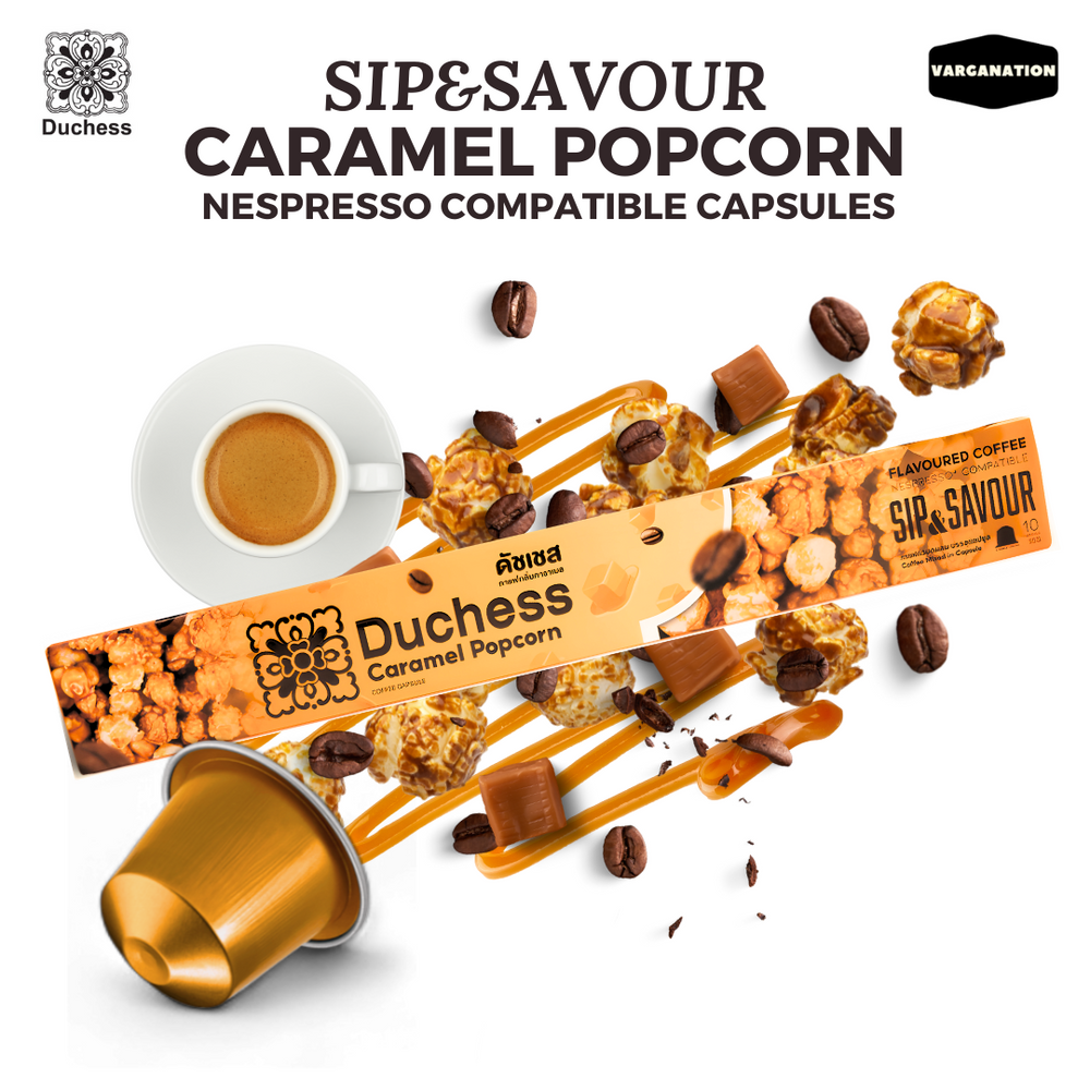 Duchess Nespresso Compatible Coffee Capsules – Caramel Popcorn Aroma – 10 Aluminum Pods per Box