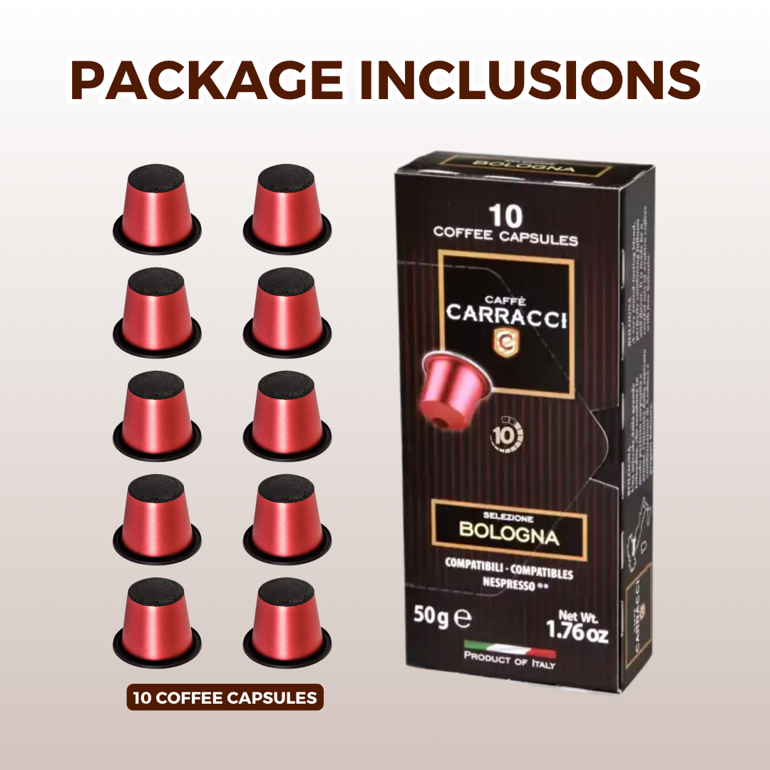 
                  
                    Carracci Bologna Nespresso 10 Capsules | Coffee Pods to make Espresso | Varganation
                  
                