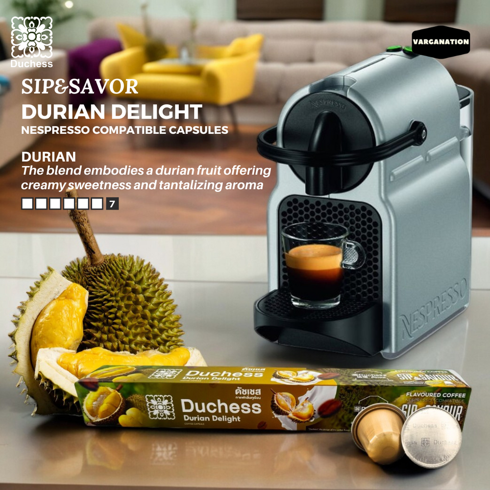 
                  
                    Duchess Nespresso Compatible Coffee Capsules – Durian Aroma – 10 Aluminum Pods per Box
                  
                